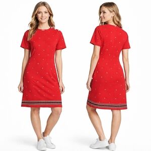 LIZ CLAIBORNE Midi Dress Womens Medium Red Black 90s Vintage Retro Preppy